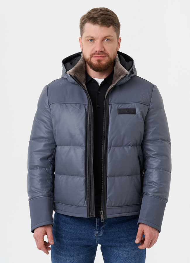 Пуховик из натуральной кожи с капюшоном модель № 28578 меха малина