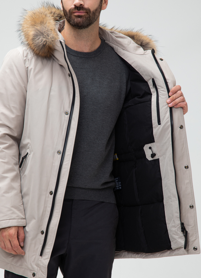 Мужской пуховик с капюшоном из меха енота модель № 27999 универмаг малина