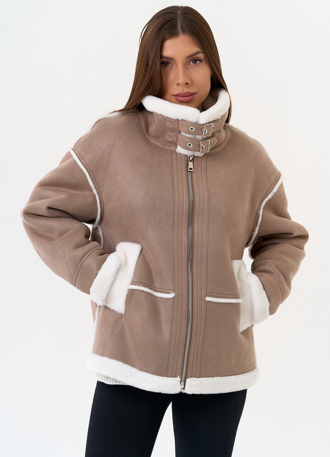 фото Женская дубленка из эко замши с воротником стойкой модель № 31504