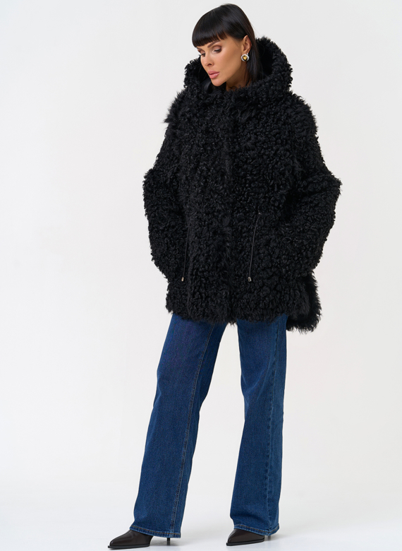 Женская двухсторонняя дубленка с капюшоном