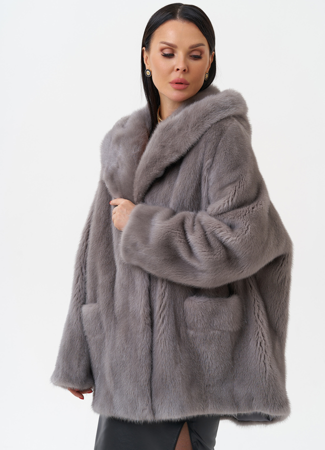 Женская норковая шуба с капюшоном  модель № 28786 универмаг малина