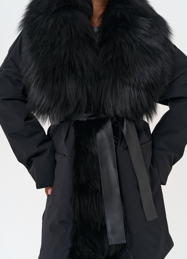 Женское зимнее полупальто черного цвета с мехом лисы модель № 31406 универмаг малина