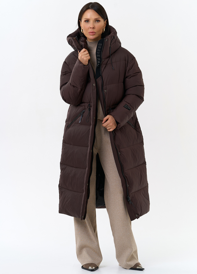 Женский пуховик коричневого цвета с капюшоном модель № 31936 универмаг малина