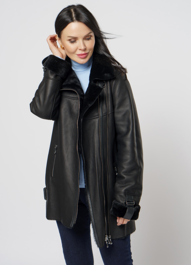 Удлиненная дубленка из овчины черного цвета модель № 5916 универмаг малина