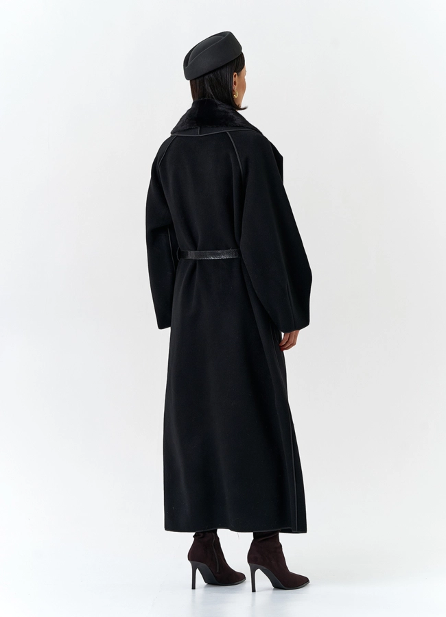 Женское длинное пальто с воротником из меха норки модель № 32648 в рассрочку