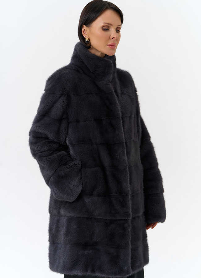 Норковая шуба с воротником стойка в цвете графит модель № 25926 универмаг малина