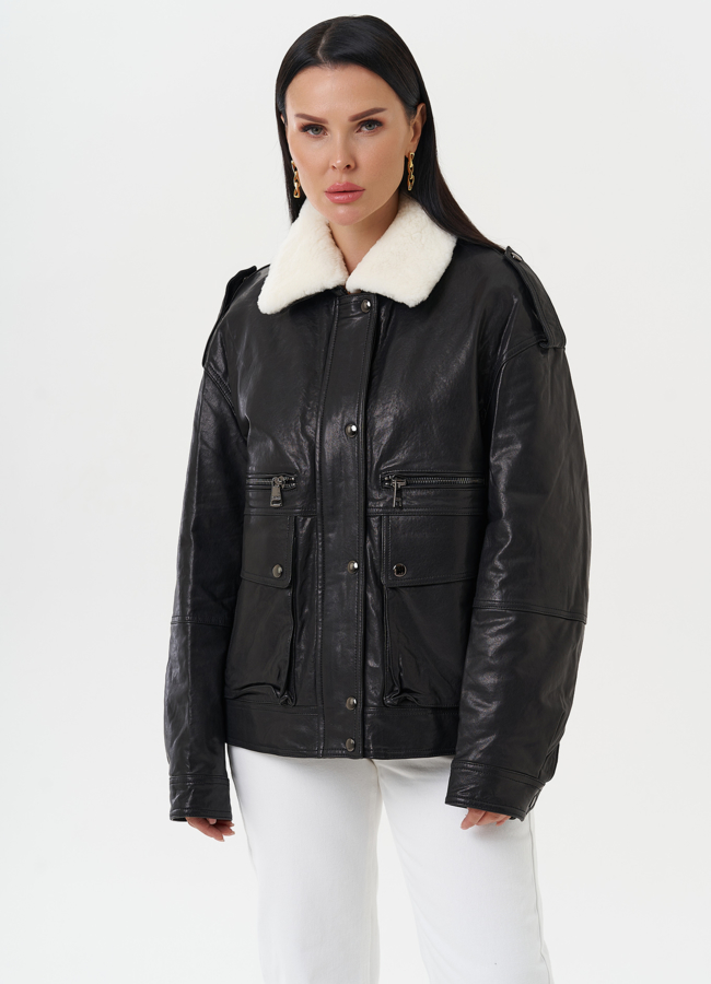 Утепленная куртка-пилот из натуральной кожи модель № 28113 меха малина