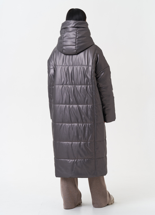 Пуховик из эко кожи с капюшоном модель № 27716 в кредит
