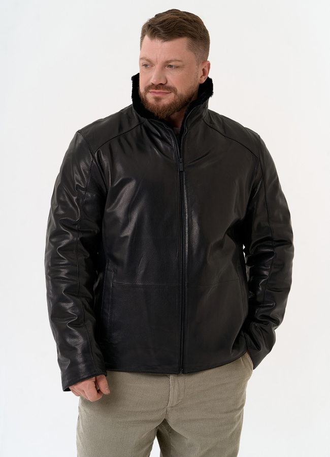 Мужская дубленка черного цвета модель № 31778 меха малина