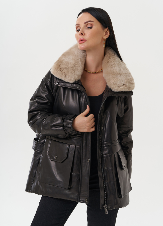 Пуховик из натуральной кожи с отделкой из меха кролика модель № 25381 универмаг малина