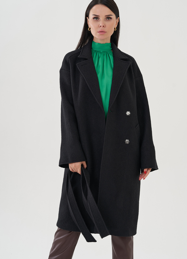 Женское пальто с английским воротником черного цвета  модель № 24757 универмаг малина