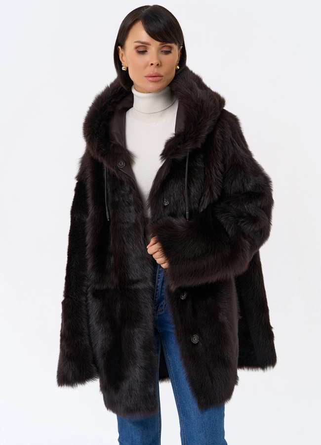 Женская двухсторонняя дубленка с капюшоном модель № 31851 универмаг малина