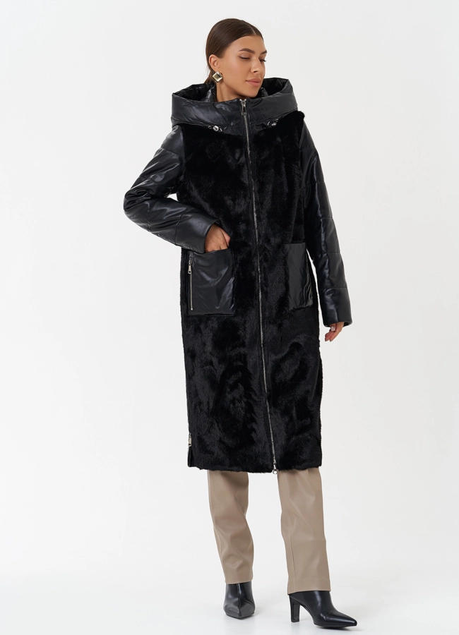 Пуховик из эко кожи с капюшоном модель № 23366 в кредит