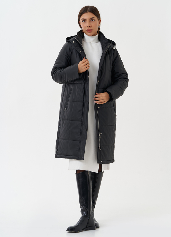 Пуховик из эко кожи с капюшоном модель № 27729 универмаг малина