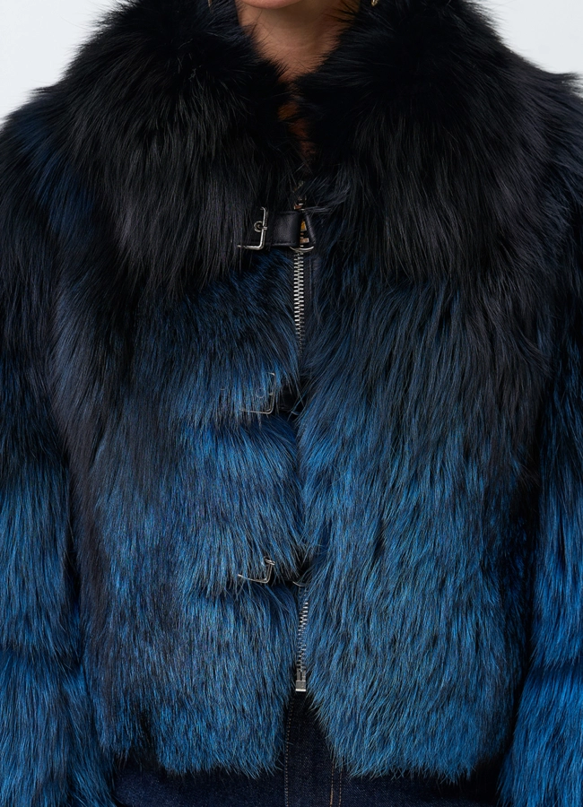 Шуба из меха чернобурой лисы с декоративными ремешками модель № 33765 универмаг малина