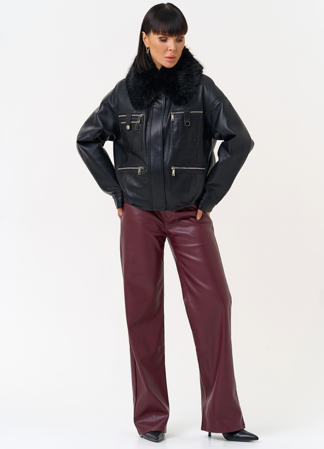 Женская утепленная куртка из эко кожи черного цвета модель № 30703 в рассрочку