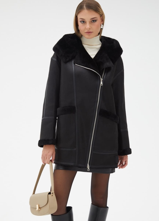 Женская удлиненная дубленка из эко кожи модель № 32022 меха малина