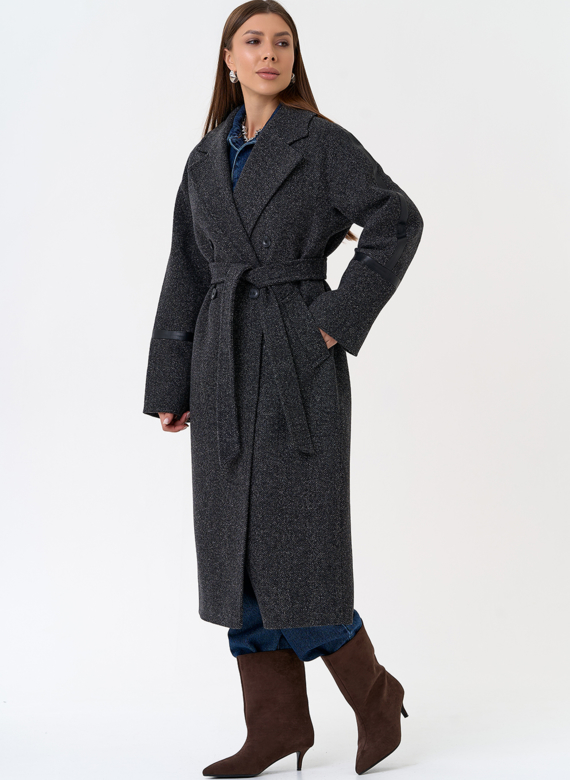 Женское пальто с отделкой из экокожи