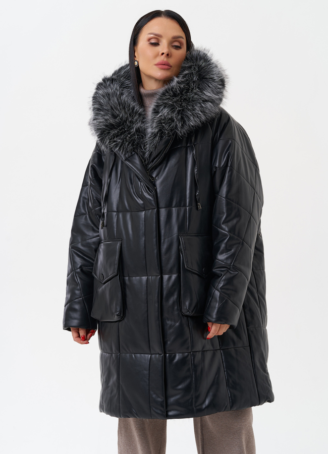 Пуховик из эко кожи с капюшоном из эко меха  модель № 27708 универмаг малина