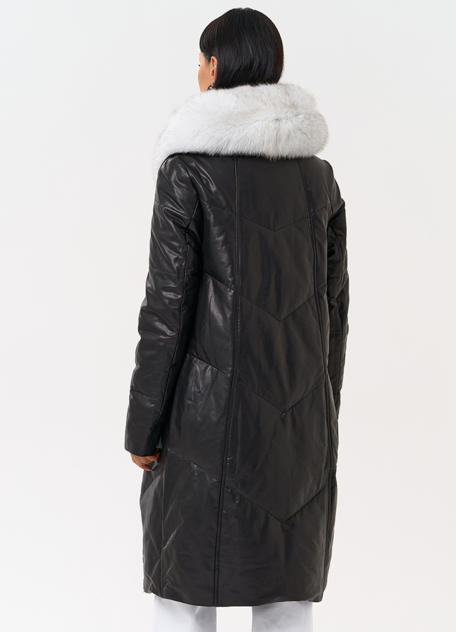 фото Длинный пуховик из натуральной кожи модель № 31568