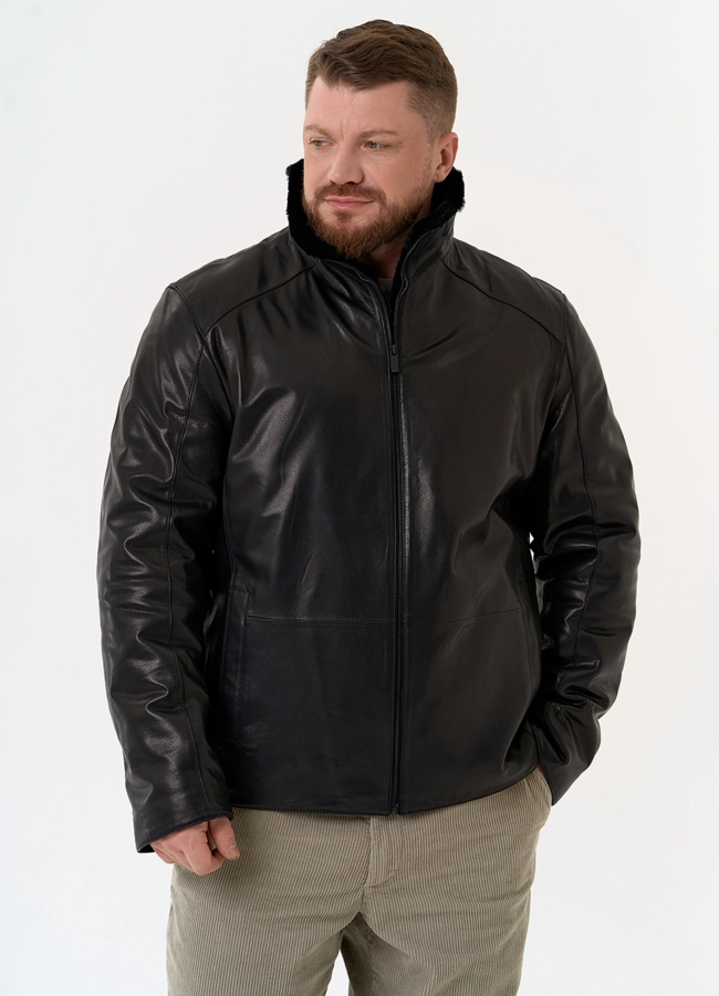 Мужская дубленка черного цвета модель № 31778 меха малина