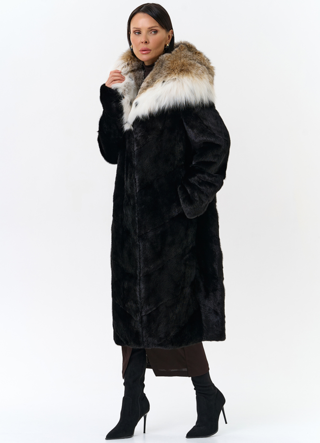 Норковая шуба черного цвета с рысью модель № 25004 универмаг малина